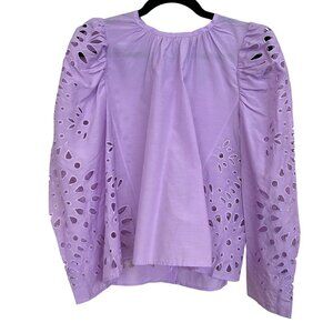 Thakoon Eyelet Purple Silk Blend Puff Sleeve Tie Button Back Blouse Sz 4